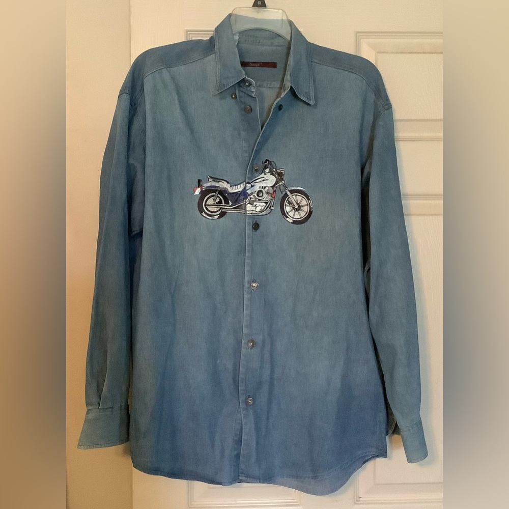 Haupt Men's Cotton Button Shirt Blue Motorcycle Embroidery Size 39 15 1/2 German
